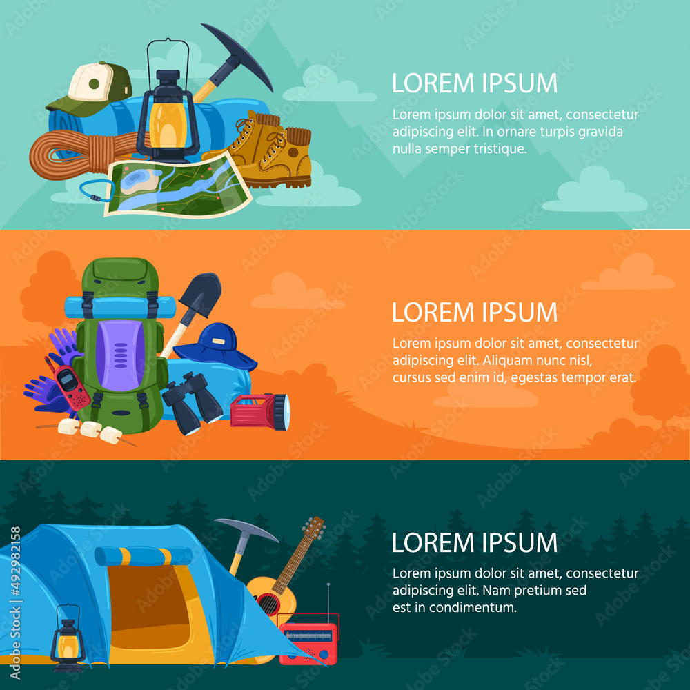 Cartoon tourist camping and hiking equipment banners. Mountain adventure equipment concept vector illustration set. Mountaineering, mountain trip posters