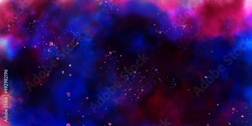 abstract night sky space watercolor background with stars. watercolor dark blue nebula universe. watercolor hand drawn illustration. Blue and pink gradient watercolor ombre leaks and splashes texture. © Creative Design