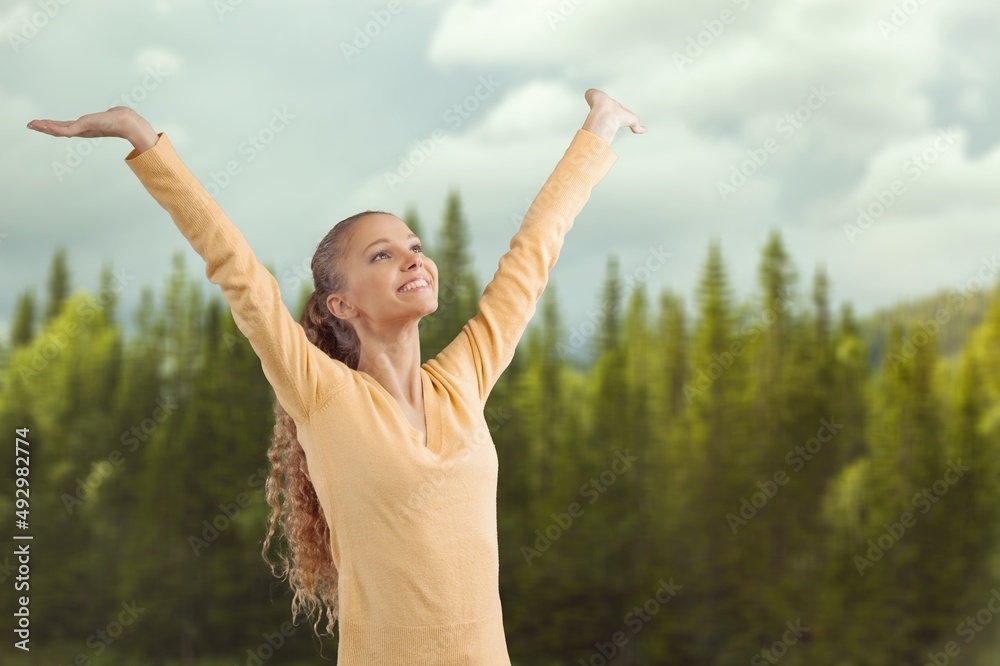 Overjoyed happy woman enjoying the green beautiful nature, healthy natural lifestyle Overjoyed happy woman enjoying the green beautiful nature, healthy natural lifestyle