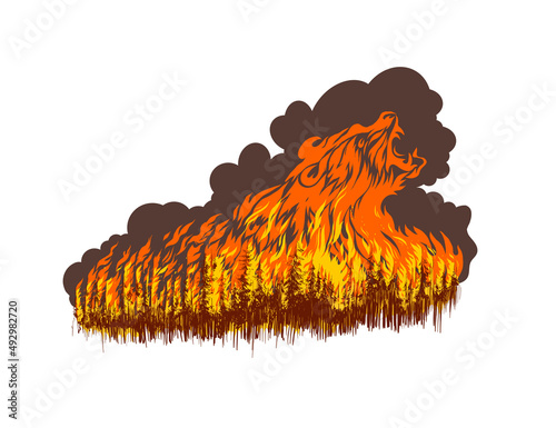 Wildfire in forest. Hand drawn vector illustration. 