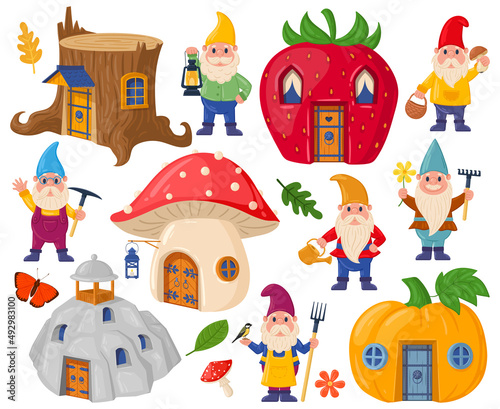 Garden gnomes characters and cute cartoon fairytale houses. Magic world gnomes mushroom and pumpkin houses vector illustration set. Fairytale characters and elements