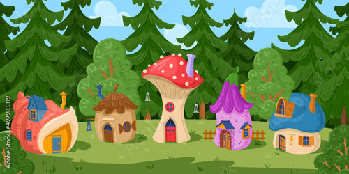 Cartoon forest fairy village, fairytale gnome mushroom houses. Woods gnomes or elves housing village, magical village vector illustration. Fantasy little houses landscape