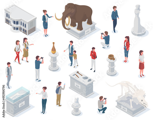 Isometric museum exhibits, ancient statue, archeology exposure. Ancient tools and totems collection vector illustration. Mammoth and antique sculpture