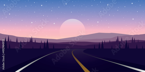 road trip road in the mountains at starry night