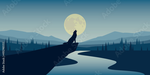 wolf howls at full moon blue nature landscape