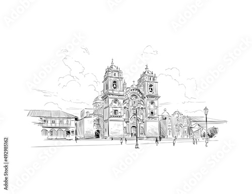 Church of the Society of Jesus. Plaza de Armas. Cuzco. Peru. Urban sketch. Hand drawn vector illustration