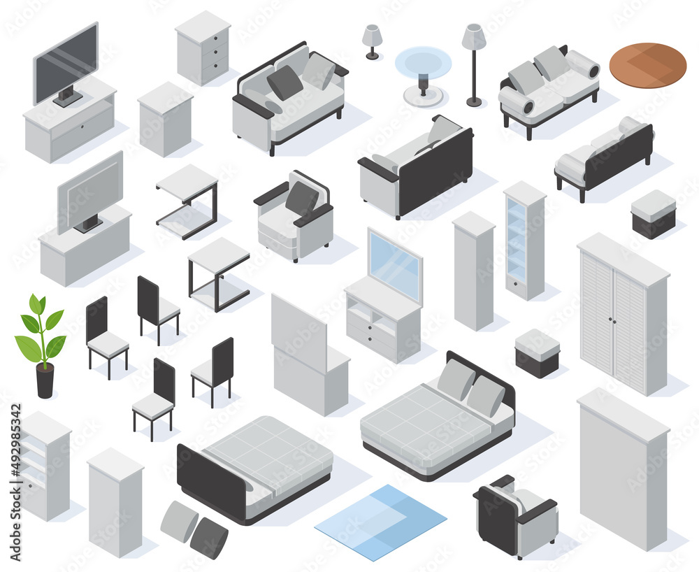 Isometric home furniture, bedroom and living room interior elements. Cloth wardrobe, bed and sofa vector illustration set. Modern apartment furniture Isometric home furniture, bedroom and living room interior elements. Cloth wardrobe, bed and sofa vector illustration set. Modern apartment furniture
