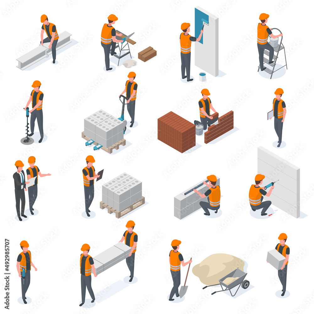 Stockvector Isometric Construction Workers Builders And Engineer