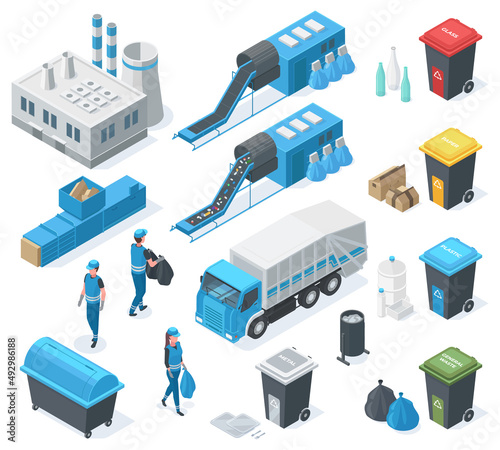 Isometric waste recycle, garbage plant, truck, industrial landfill environment. Garbage recycling, garbage can and scavengers vector illustration set. Waste recycling