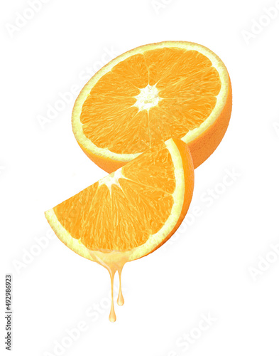 Orange juice or orange essential oil dripping isolated on white background.