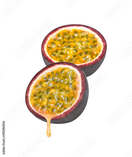 Passion fruit juice drop dripping isolated on white background. photo