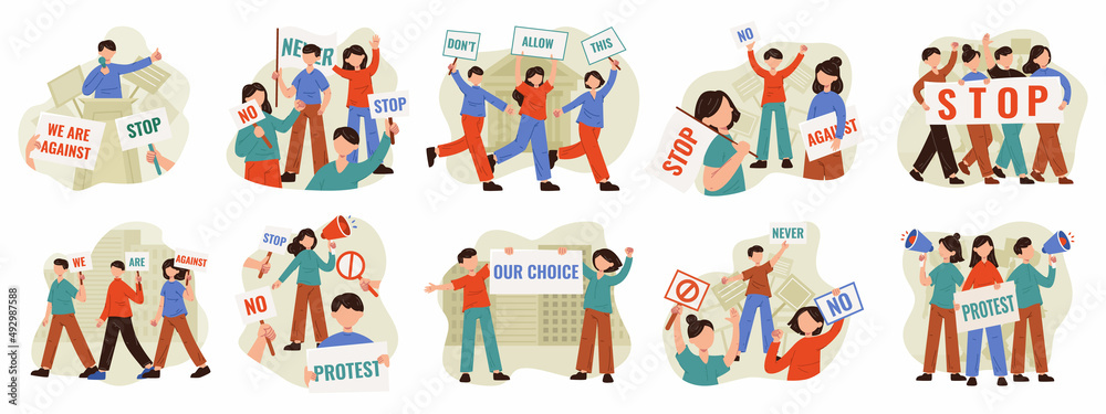 Social and political action, activist movement and protest concept. People holding political protest placard vector illustration set. Human protesting