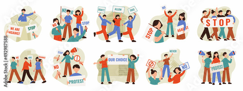 Social and political action, activist movement and protest concept. People holding political protest placard vector illustration set. Human protesting