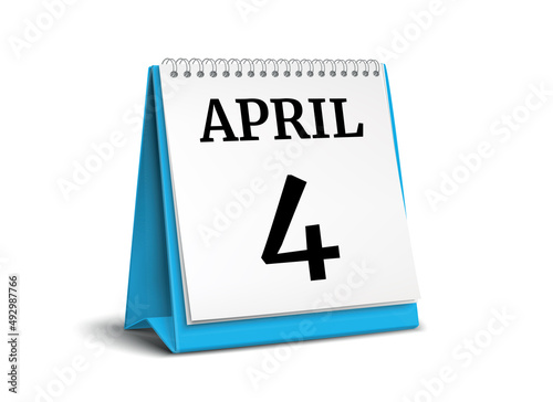 April 4. Calendar on white background. 3D illustration.