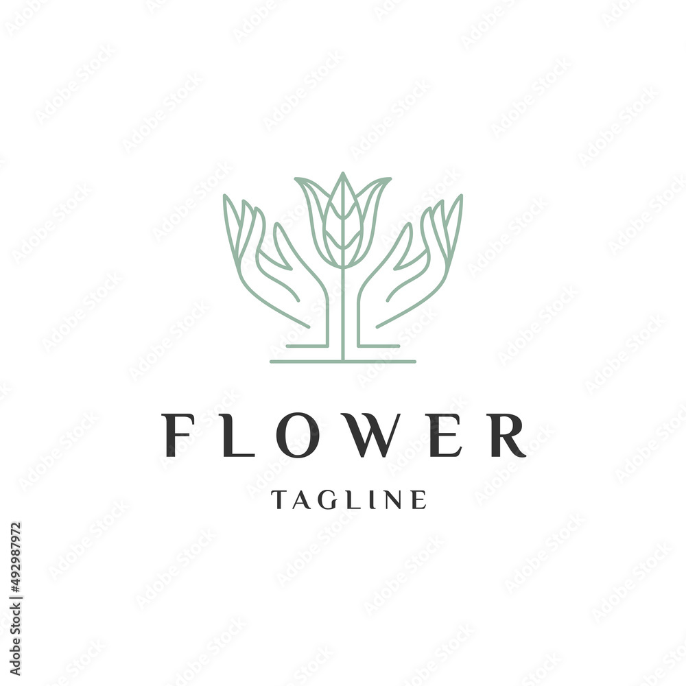 Hand flower line logo concept, flat icon design template Hand flower line logo concept, flat icon design template