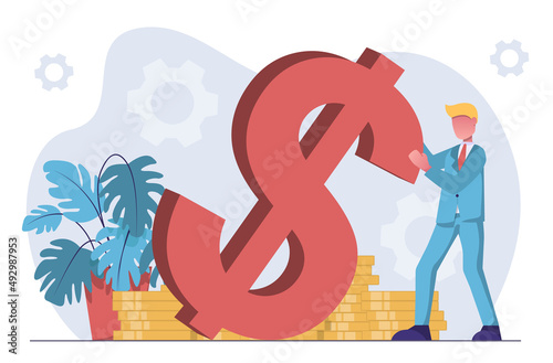 Financial crisis. The dollar is falling, the businessman is trying to hold on to it.