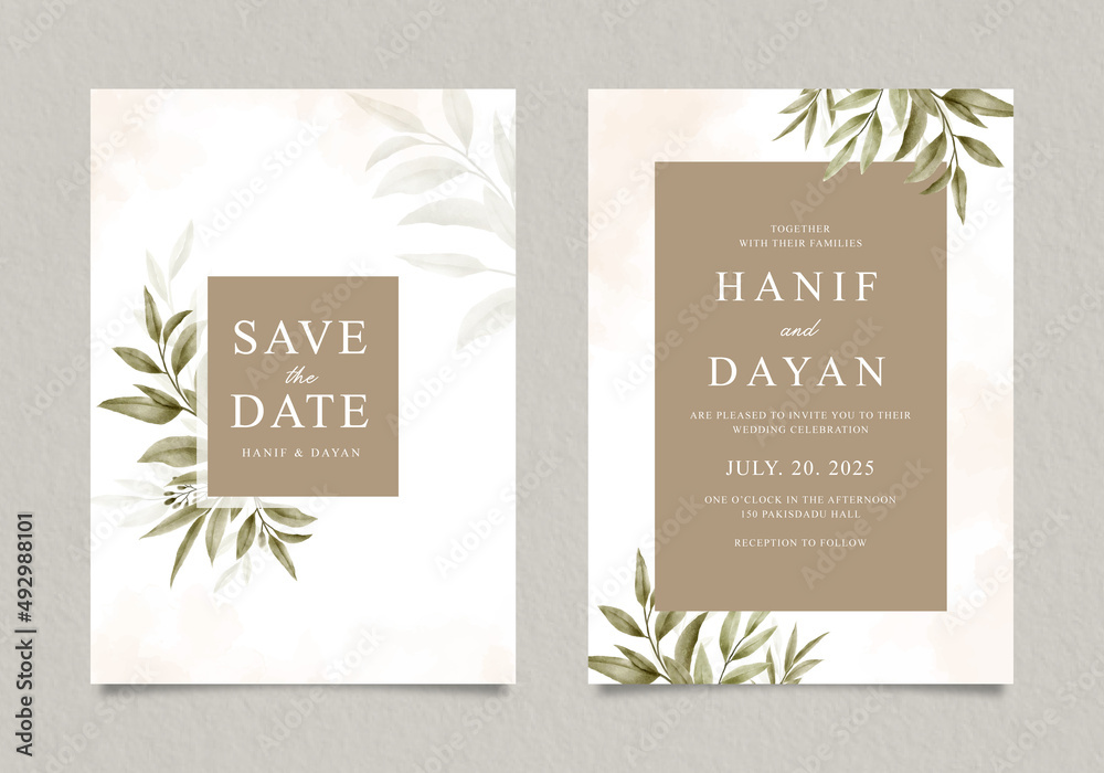 Elegant wedding invitation template with leaves watercolor Elegant wedding invitation template with leaves watercolor