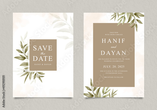 Elegant wedding invitation template with leaves watercolor