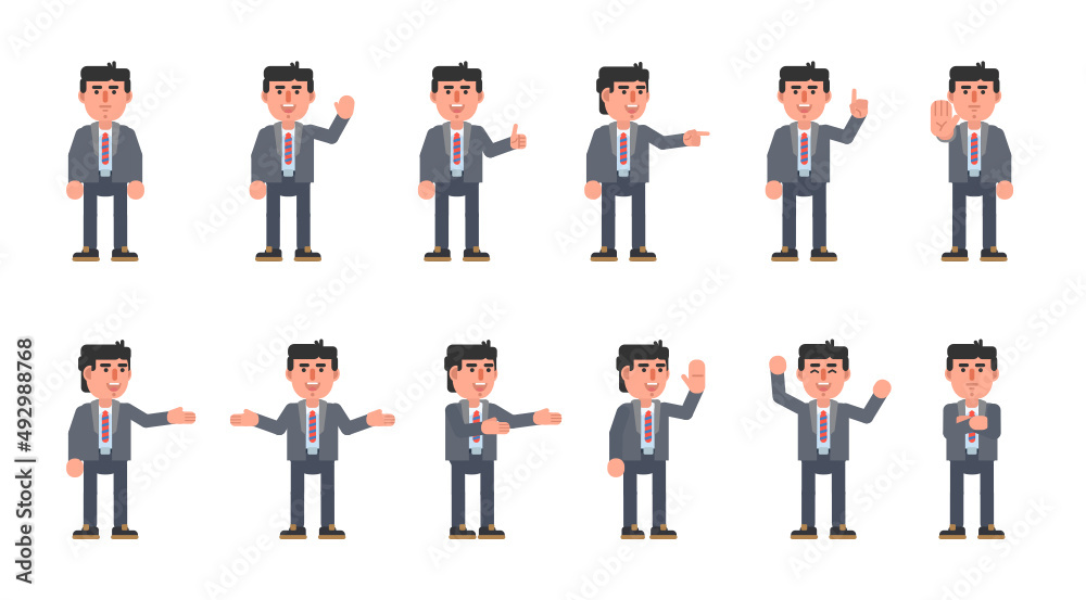 Set of businessman characters showing various hand gestures. Cheerful man showing thumb up, greeting, victory sign and other gestures. Modern vector illustration
