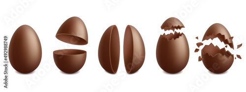 Realistic chocolate easter eggs, spring holiday surprise treat. Broken eggshell egg, holiday choco sweets vector symbols set. Cracked easter eggs