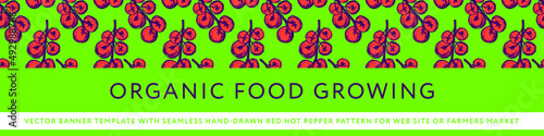 Natural food concept. Vector banner template. Seamless red cherry tomato pattern. Restaurant flyer, rural poster, sign. Rustic farmers market banner. Tomatos label. Organic product packaging.