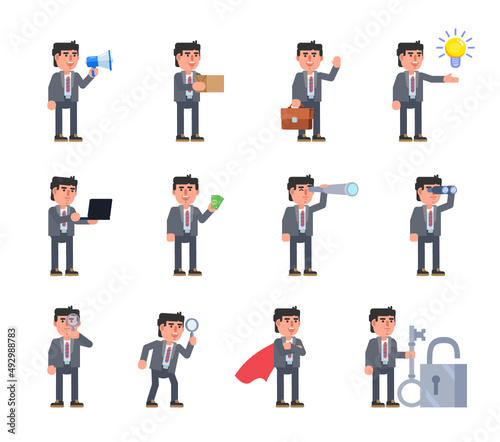 Set of businessman characters in various situations. Man holding loudspeaker, package box, spyglass, magnifier, money and other actions. Modern vector illustration