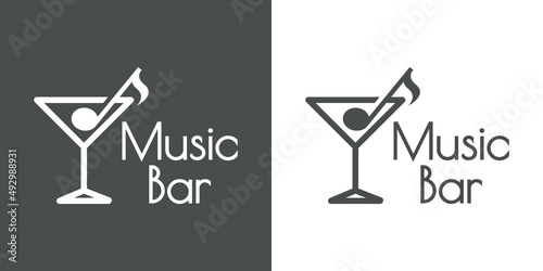 Logotipo con texto Music Bar con silueta de copa de cocktail con nota musical como aceituna con líneas en fondo gris y fondo blanco