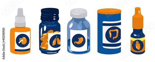Medicine. Packaging showing internal organs. Set with Tablets, capsule, glass bottles with liquid medicines and plastic tubes with caps. Pharmacy store concept. Vector illustration.