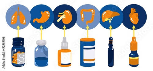 Medicine. Packaging  and internal organs icons. Set with Tablets, capsule blisters, glass bottles with liquid medicines and plastic tubes with caps. Pharmacy store concept. Vector illustration.
