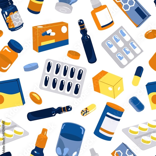 Medicine. Seamless pattern with Tablets, capsule blisters, glass bottles with liquid medicines and plastic tubes with caps. Pharmacy store concept. Packaging or paper design. Vector illustration.