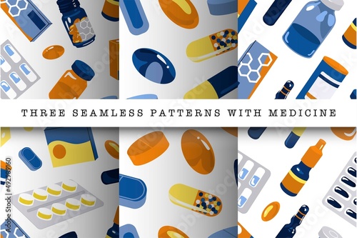 Medicine. Seamless pattern with Tablets, capsule blisters, glass bottles with liquid medicines and plastic tubes with caps. Pharmacy store concept. Packaging or paper design. Vector illustration.