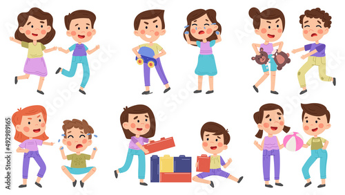 Children good and bad behaviour, kids play together and fighting. Girl and boy fighting for toy vector illustration set. Best friends forever