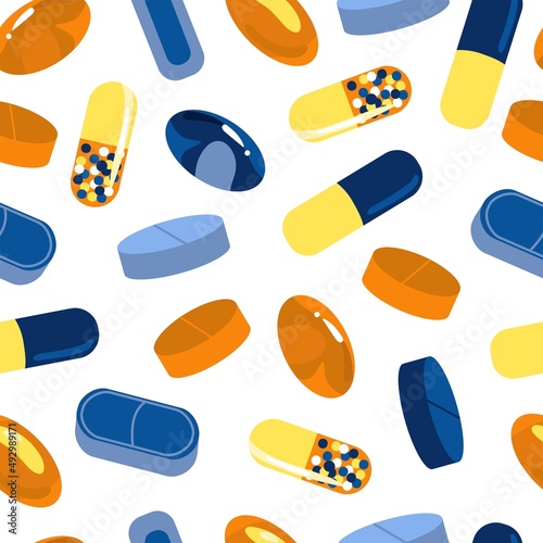 Medicine. Seamless pattern with Tablets, capsule blisters, glass bottles with liquid medicines and plastic tubes with caps. Pharmacy store concept. Packaging or paper design. Vector illustration.