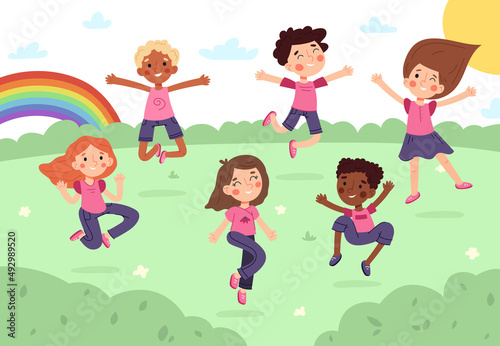 Happy cartoon kids jumping in park or kindergarten playground. Children doing outdoor activities vector illustration. Funny babys having fun