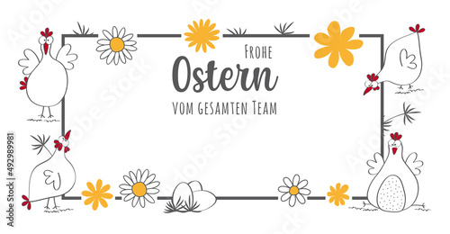 Ostern Karte Frohe Ostern vom gesamten Team mit Blumen und lustigen Hühnern