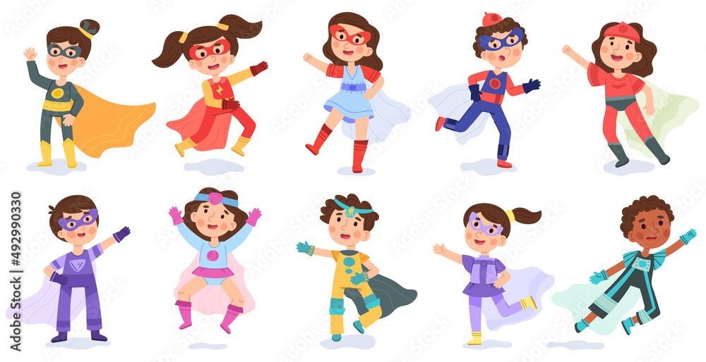 Kid superhero, cartoon super child characters. Baby superheroes in colorful costumes vector illustration set. Multiracial boys and girls superheroes