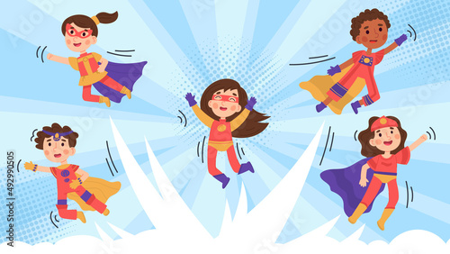 Child superhero, brave kid superhero cartoon characters. Cute kids in superhero poses vector background illustration. Strong children superheroes poster
