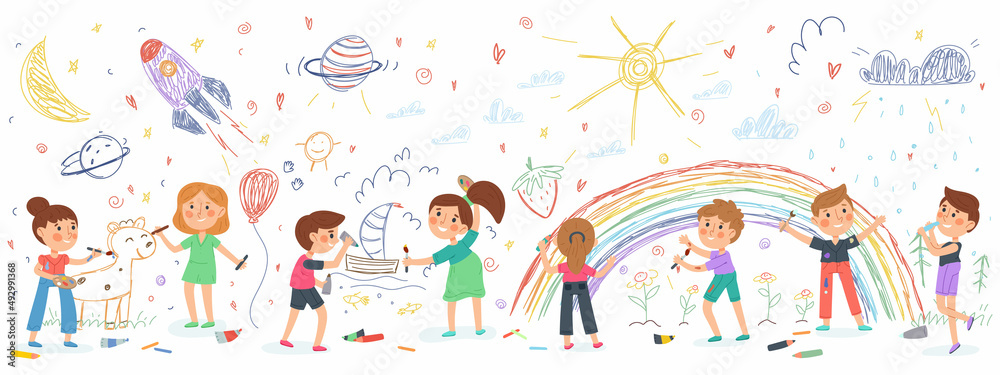 Obraz Children draw on wall, kids kindergarten art creative activity. Preschool girls and boys drawing characters vector illustration. Creative children draw picture