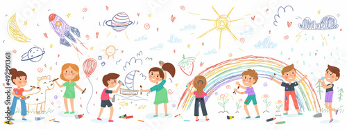 Children draw on wall, kids kindergarten art creative activity. Preschool girls and boys drawing characters vector illustration. Creative children draw picture photo