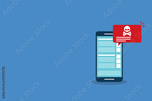 Malware , virus attack warning alert online on mobile cell phone, internet security threat. Vector illustration