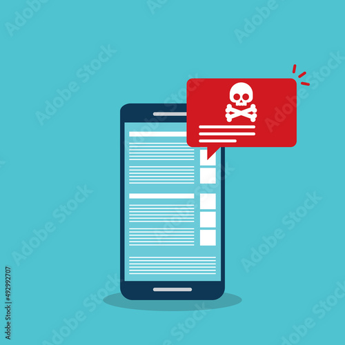 Malware , virus attack warning alert online on mobile cell phone, internet security threat. Vector illustration