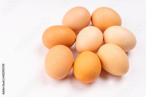 Organic chicken eggs on the table. Eggs are good for everyone and health. Farm products, natural eggs.