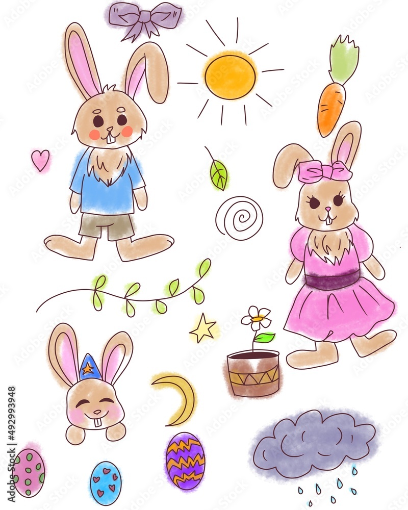 Fototapeta premium Easter doodle illustration. Celebration set. Cute spring icon collection. 