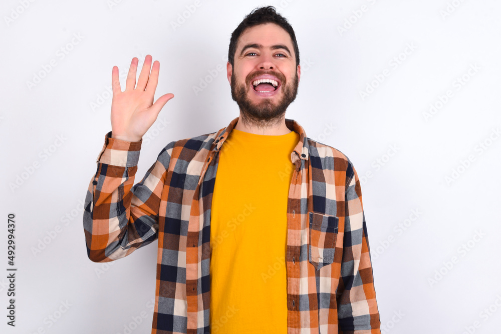 young caucasian man wearing plaid shirt over white background waiving saying hello or goodbye happy and smiling, friendly welcome gesture. young caucasian man wearing plaid shirt over white background waiving saying hello or goodbye happy and smiling, friendly welcome gesture.