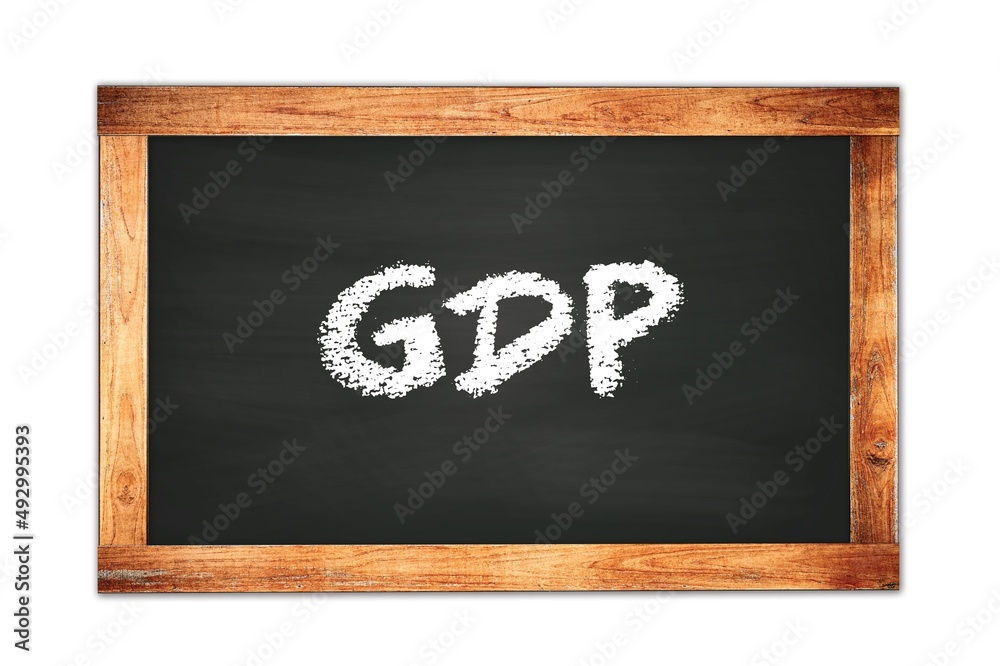 GDP text written on wooden frame school blackboard. GDP text written on wooden frame school blackboard.