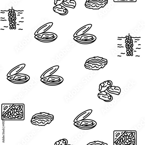 Clam Marine Sea Farm Nutrition Vector Seamless Pattern Thin Line Illustration