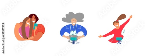 A set of cartoon bloggers and vloggers. People take pictures of themselves with their smartphone and shoot video vlogs. A couple in love, a little girl and an elderly lady