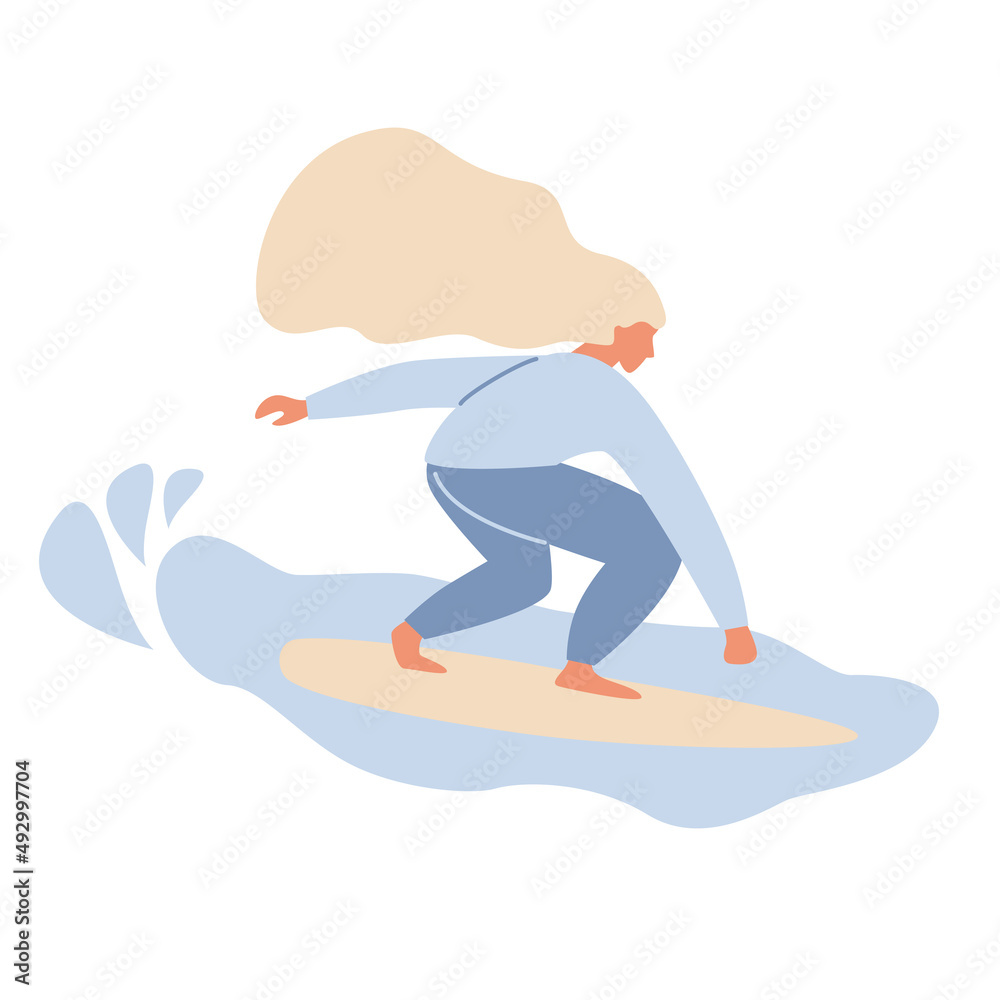 Fototapeta premium Girl surfer character in swimsuit riding on ocean wave. Summer water sport with surfboard, surfing club or school, active hobby