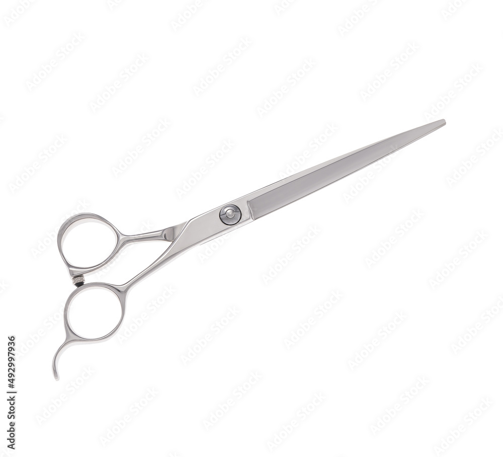 Fototapeta premium Scissors for cutting people and pets. Grooming scissors. Closed scissors on a white isolated background. Side view.