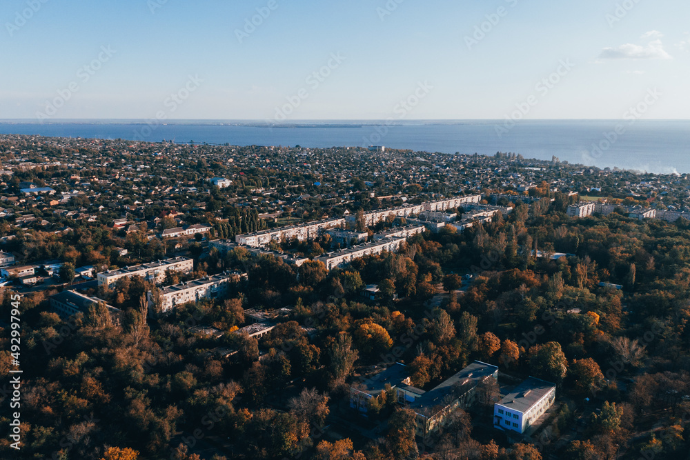Panoramic view of the industrial city of Nikopol in Ukraine. Beautiful landscape in the city. industrial area